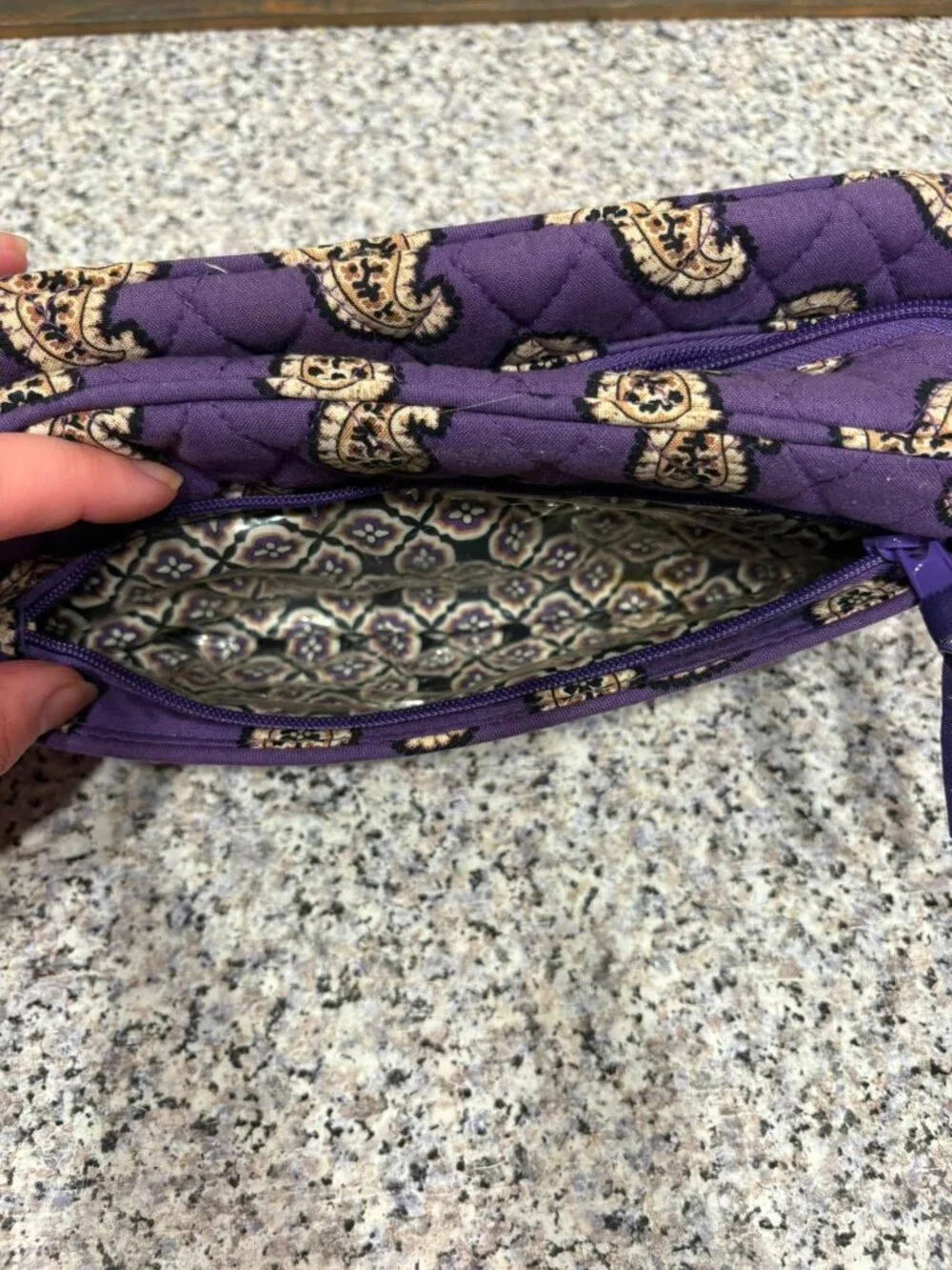 Vera Bradley Purple Quilted Paisley Fabric Zip Makeup Bag with Pockets